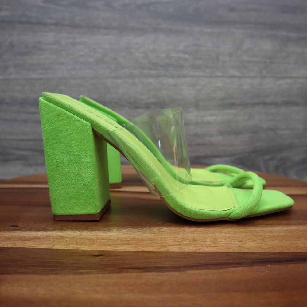 Cape Robbin Sandals Womens 9 Neon Green Suede Transparent Strap Slip on Mules